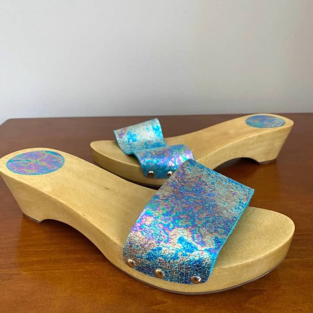 Wyatt Hologram Leather Wooden Slide Sandals
